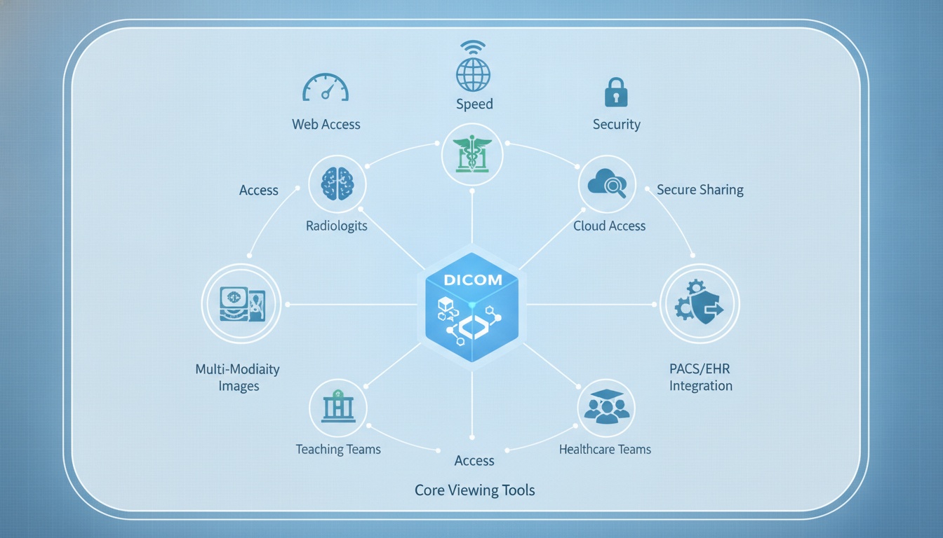 Comprehensive infographic showing key features of a modern DICOM viewer including cloud access, security, and PACS integration.